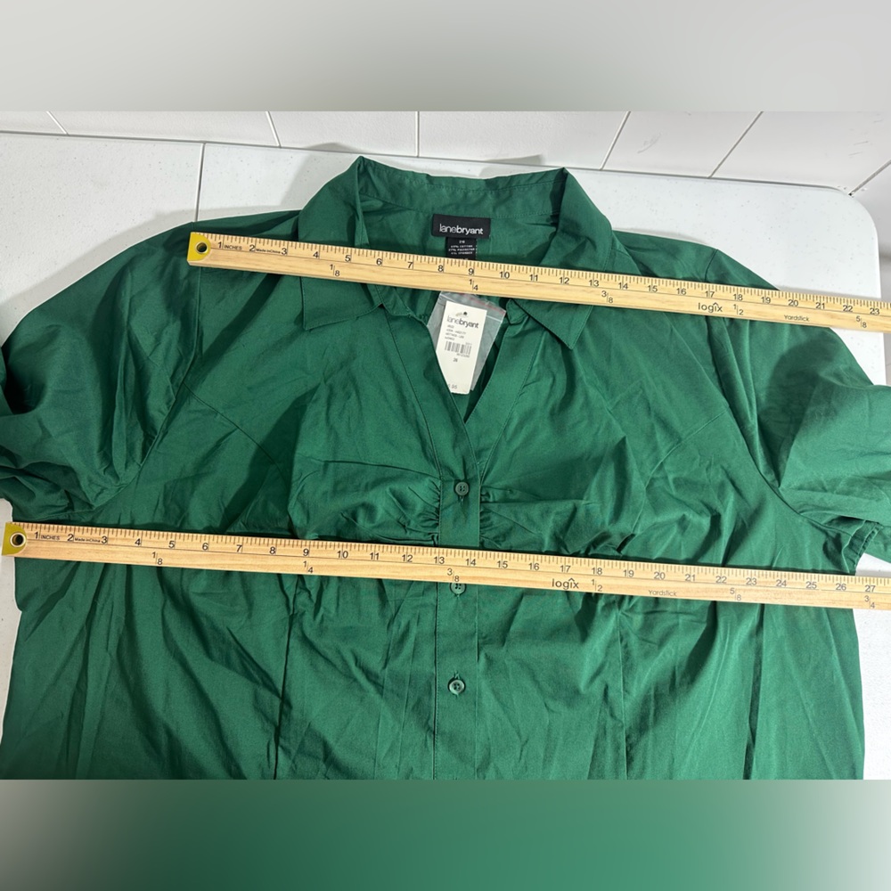NWT Lane Bryant Women’s Sz 26 Green Ruched Button Down Shirt Blouse Long Sleeve - Picture 7 of 9